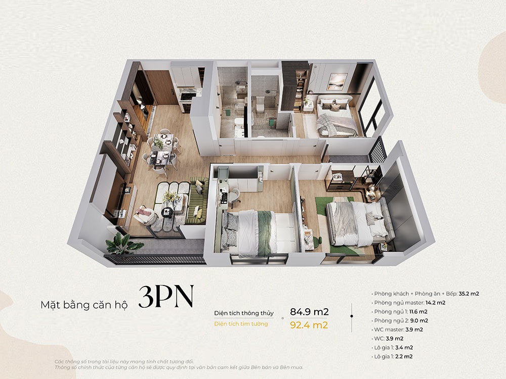 Mặt bằng Căn hộ 3 phòng ngủ The ParkLand Ocean Park 2