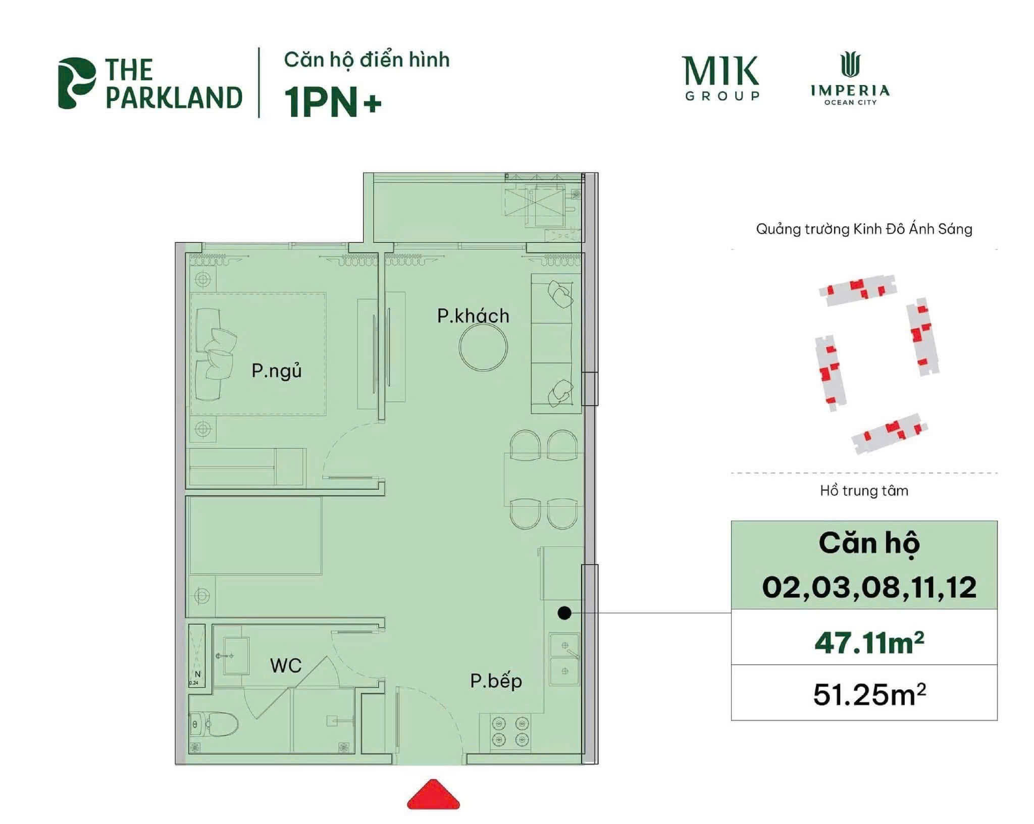 thiết kế căn hộ 1 phòng ngủ+ the parkland ocean park 2